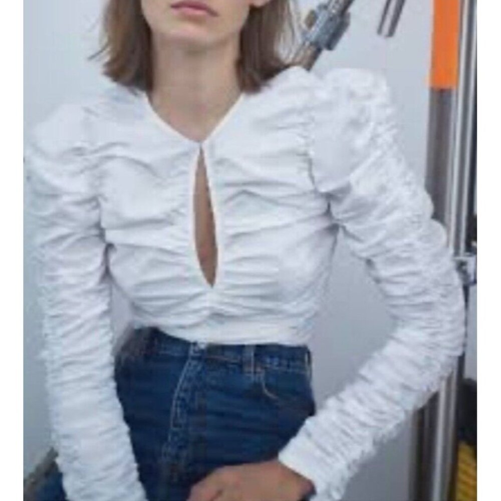 Reformation White Ruched Long Sleeve Keyhole Blouse